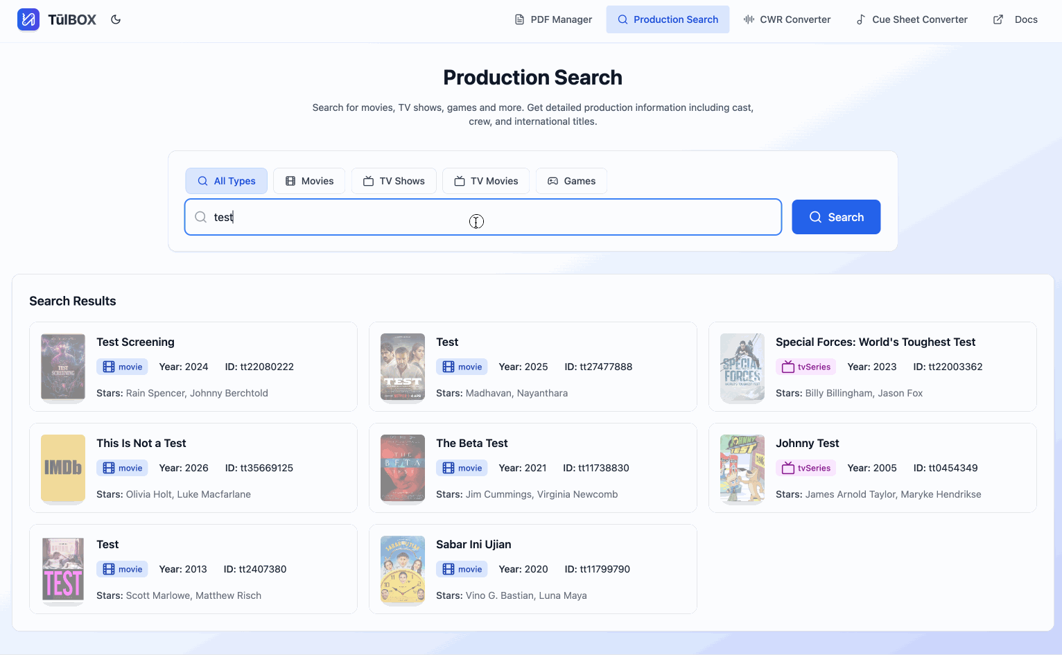 Production Search Example Usage